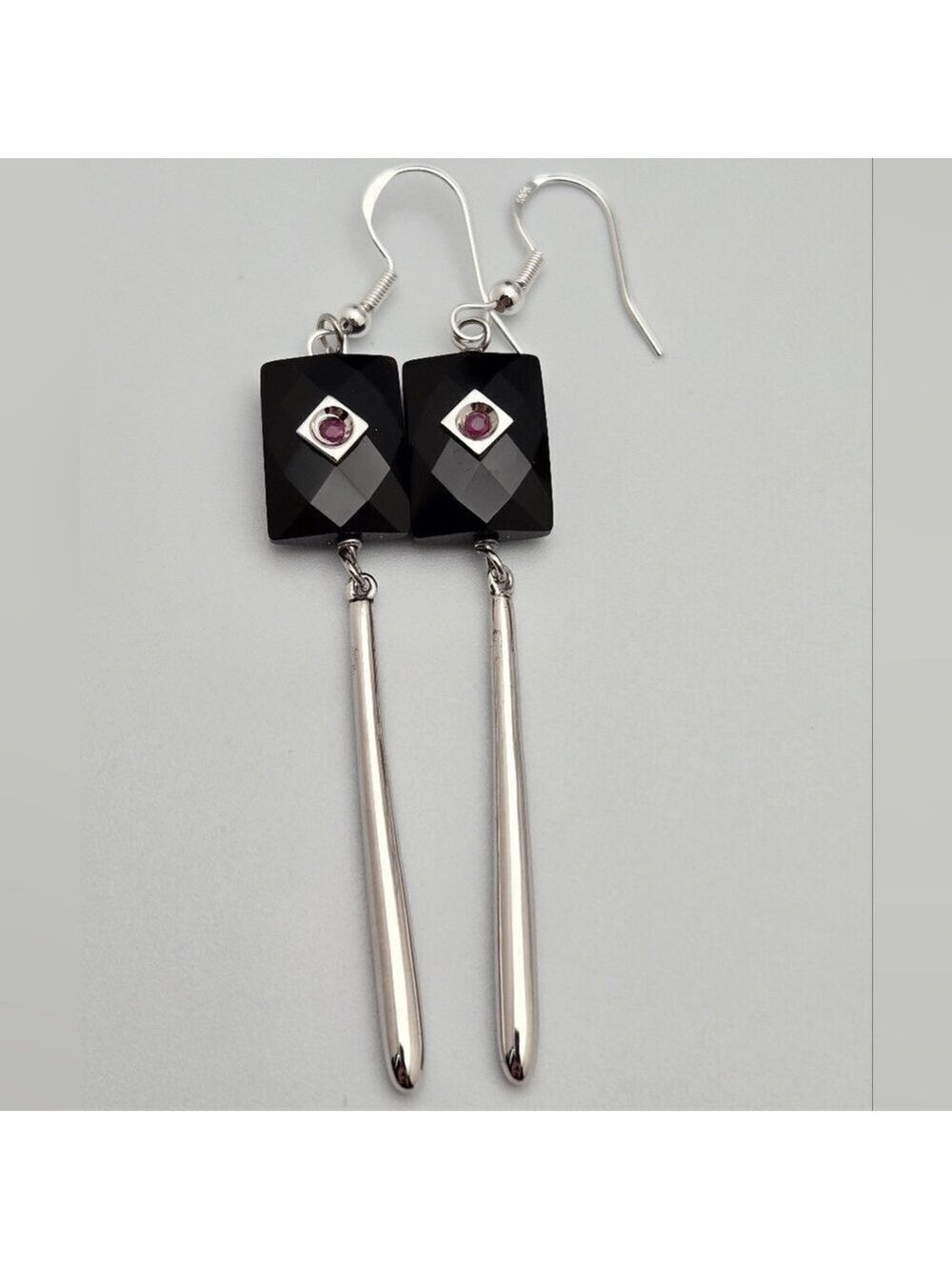 Black Onyx Long Dangle Earrings Pink Accent 3" Sterling Silver